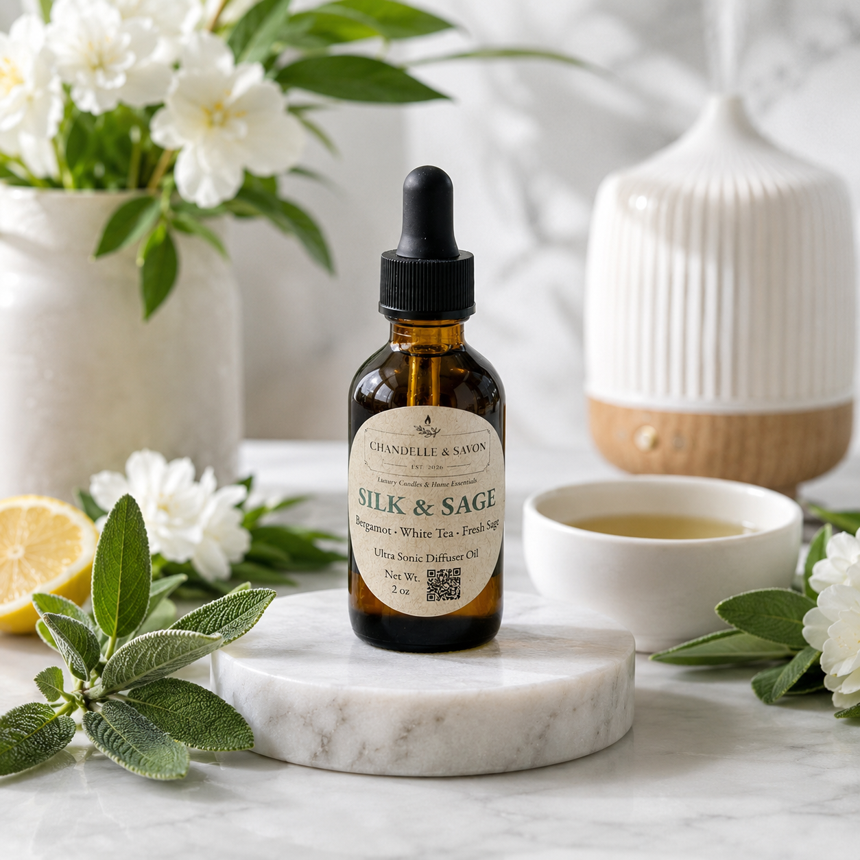 An amber glass dropper bottle labeled 'Chandelle & Savon Silk & Sage' stands on a white marble coaster in a styled tabletop scene with white flowers, sage leaves, a lemon slice, a cup of tea, and a diffuser in the background.
