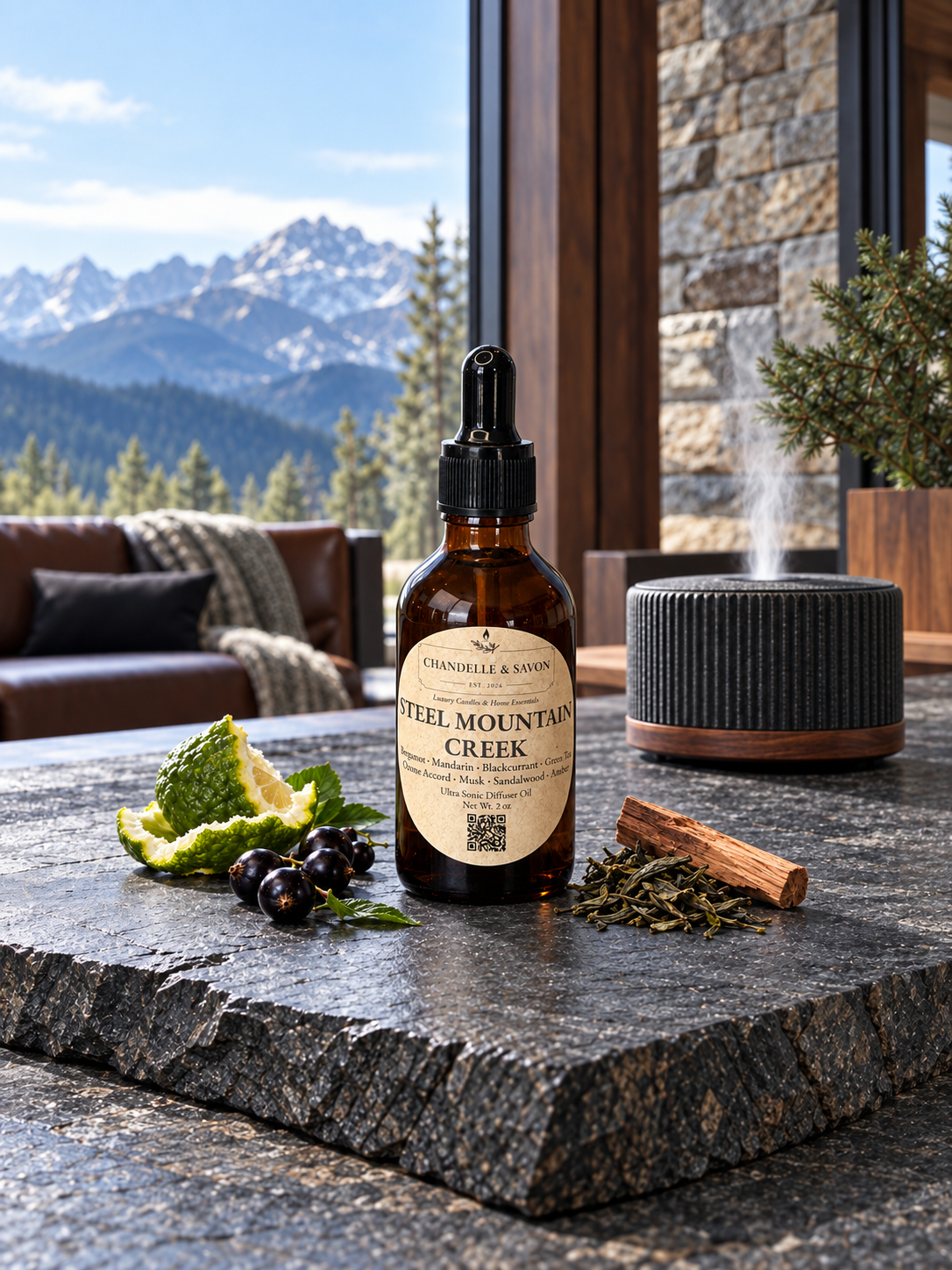 An amber glass dropper bottle labeled 'Steel Mountain Creek' by 'Chandelle & Savon' sits on a dark stone slab in a cozy indoor setting with a mountain landscape visible through large windows. A diffuser, cinnamon stick, dried herbs, and citrus slices are arranged around it.