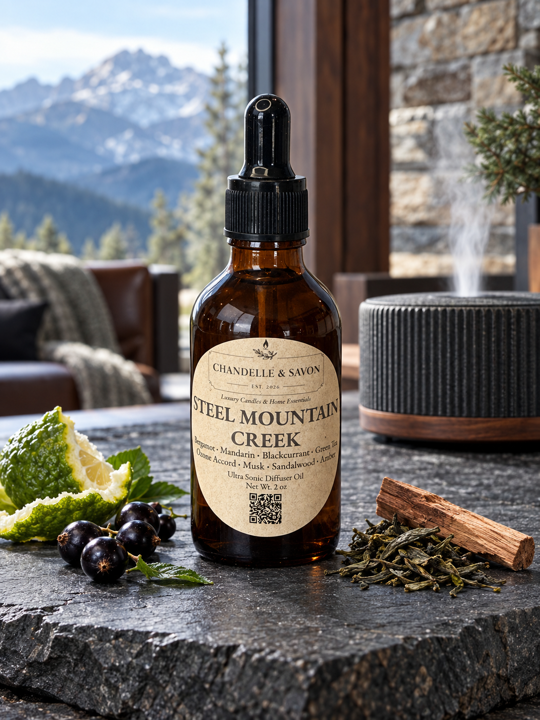 An amber glass dropper bottle labeled Chandelble & Savon Steel Mountain Creek, styled on a dark stone surface with mint, berries, and a cinnamon stick, with a blurred mountain and indoor setting in the background.