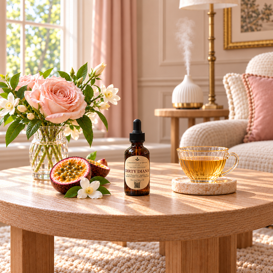 A small amber dropper bottle labeled 'Dirty Diana' sits on a round wooden coffee table in a bright, styled living room. The table also holds a glass of amber liquid, a vase of pink roses and white flowers, and sliced passion fruit.