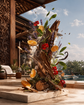 A large sculptural floral arrangement made from driftwood, green leaves, red flowers, and orange citrus slices stands on a stone platform outdoors near a pool and covered patio. The composition is dynamic with flying petals and splashing water, under a blue sky.