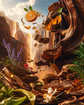 A surreal, highly stylized landscape scene showing a canyon with a waterfall, floating citrus slices and pulp, amber liquid dripping from rock formations, purple and red flowers, green foliage, and a white flower in the foreground.