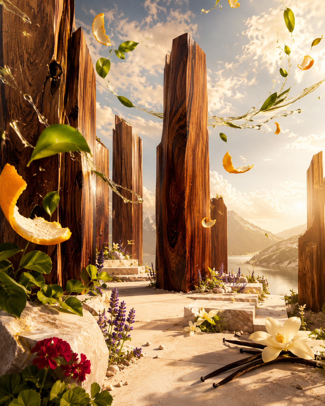 A surreal outdoor scene with tall weathered wooden pillars, a sandy path, flowers, floating citrus slices, and a bright sky with clouds. There is no clearly identifiable retail product being sold, and the image reads as decorative scenery or digital artwork rather than a standard product photo.