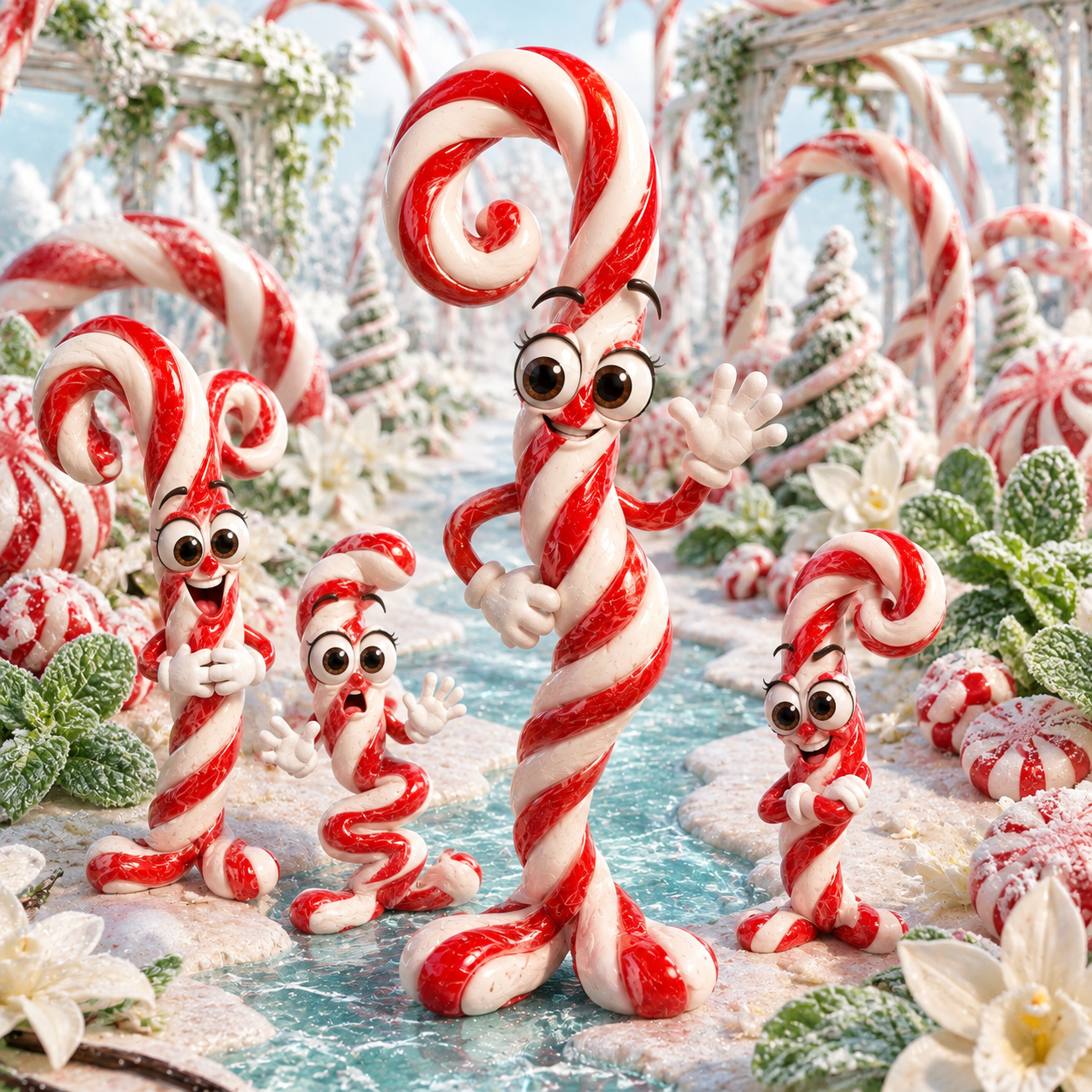 A whimsical festive scene featuring anthropomorphic candy canes with large expressive eyes and smiling faces, posed in a snowy gingerbread-style environment with wrapped ornaments, mint leaves, and decorative arches.