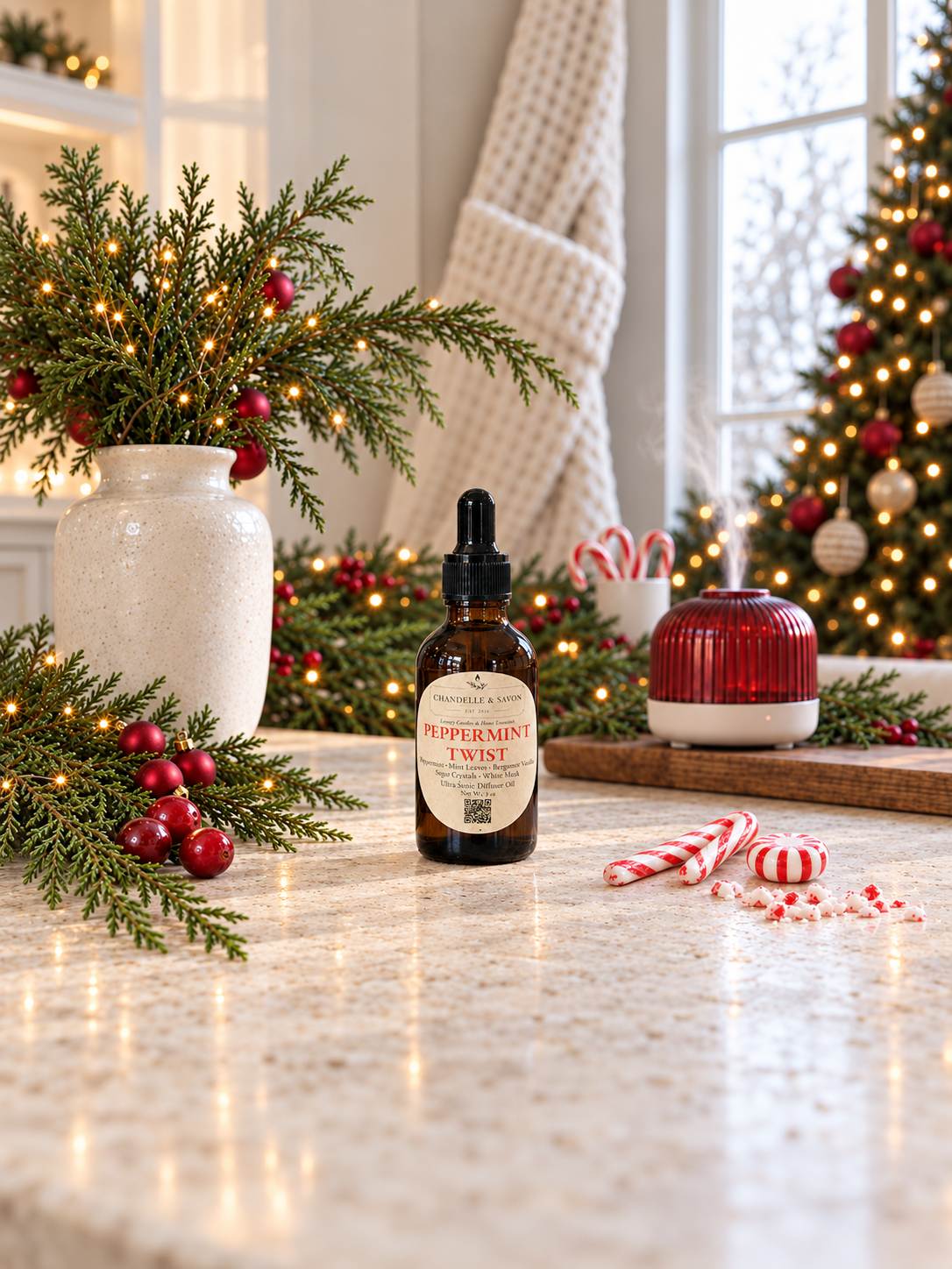 A small amber dropper bottle labeled peppermint Twist sits on a marble countertop in a decorated holiday kitchen scene with evergreen garlands, candy canes, a red diffuser, and a Christmas tree in the background.