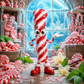 A festive candy cane character with a red-and-white spiral body, expressive eyes, and small limbs stands in a snowy holiday room filled with candy canes, peppermints, mint leaves, white flowers, and a large arched window in the background.