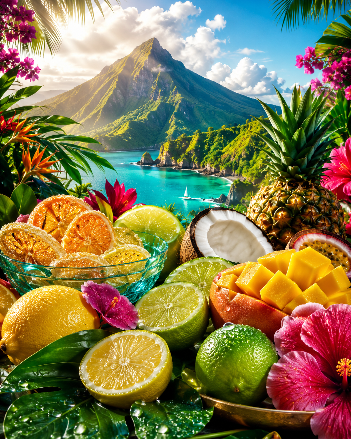 A tropical fruit and beach scene composition with pineapples, lemons, limes, mango, coconut, hibiscus flowers, and a mountain-and-water backdrop.