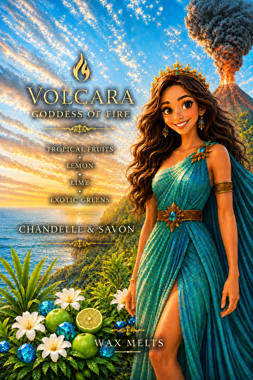 A stylized illustrated cover for Volcara Goddess of Fire wax melts, showing a woman in a flowing teal gown beside a tropical beach and volcano scene, with text listing tropical fruits, lemon, lime, exotic greens, and chandelle & savon.