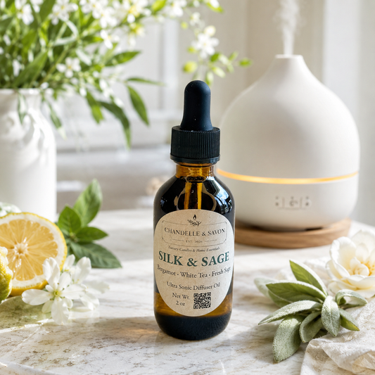 An amber glass dropper bottle labeled 'SILK & SAGE' by Chandelle & Savon, styled on a marble surface with a white diffuser, flowers, greenery, and a lemon slice in the background.
