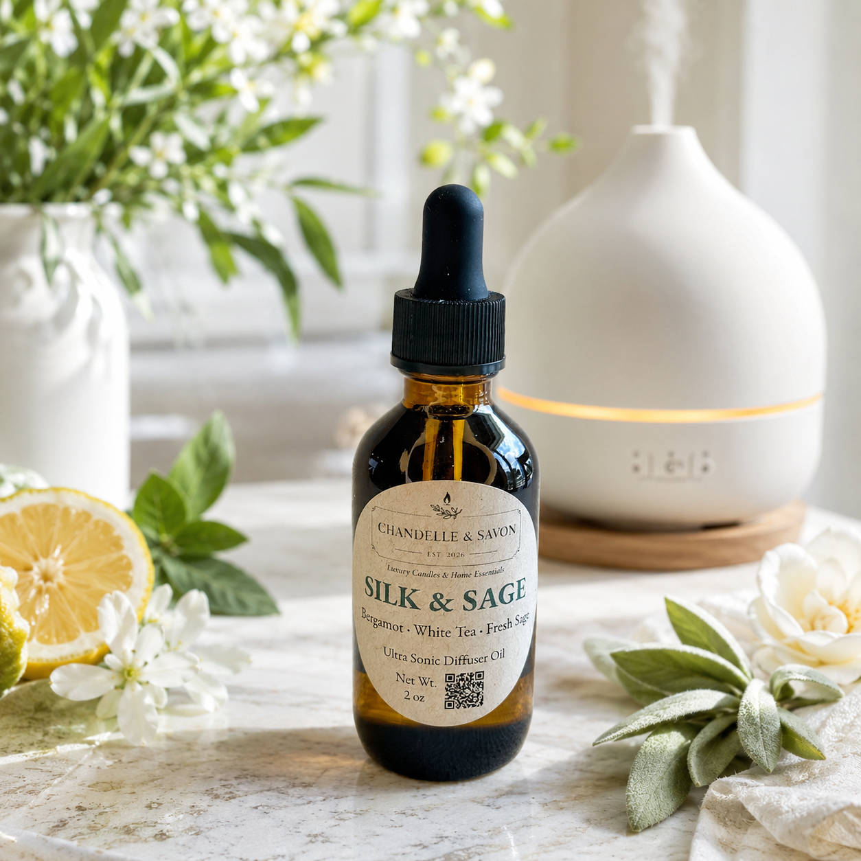 An amber glass dropper bottle labeled 'SILK & SAGE' by Chandelle & Savon, styled on a marble surface with a white diffuser, flowers, greenery, and a lemon slice in the background.