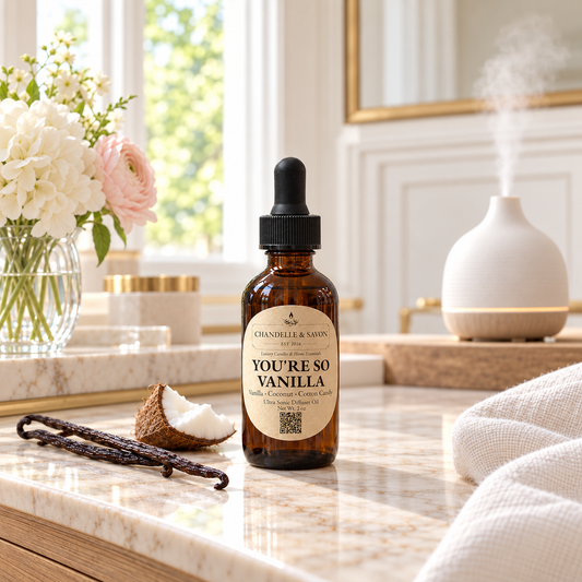 An amber glass dropper bottle labeled 'YOU'RE SO VANILLA' by Chandelle & Savon sits on a marble countertop in a bright bathroom setting, with vanilla beans, a coconut half, flowers, and a diffuser in the background.