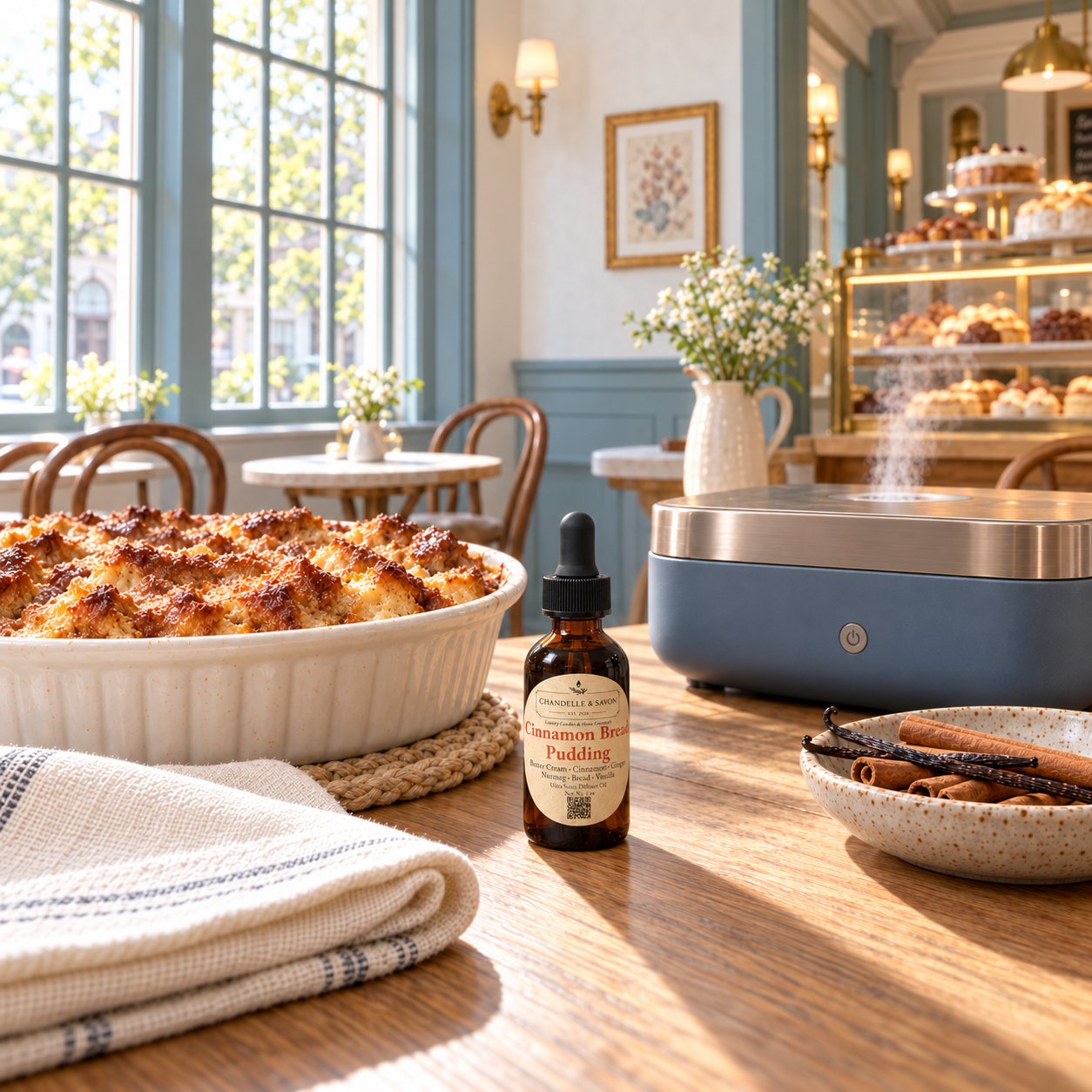 A small amber dropper bottle labeled 'Cinnamon Bread Pudding' sits on a wooden table in a warm, sunlit bakery or cafe setting. A baked pudding dish, a blue appliance, cinnamon sticks, and a folded cloth are nearby.