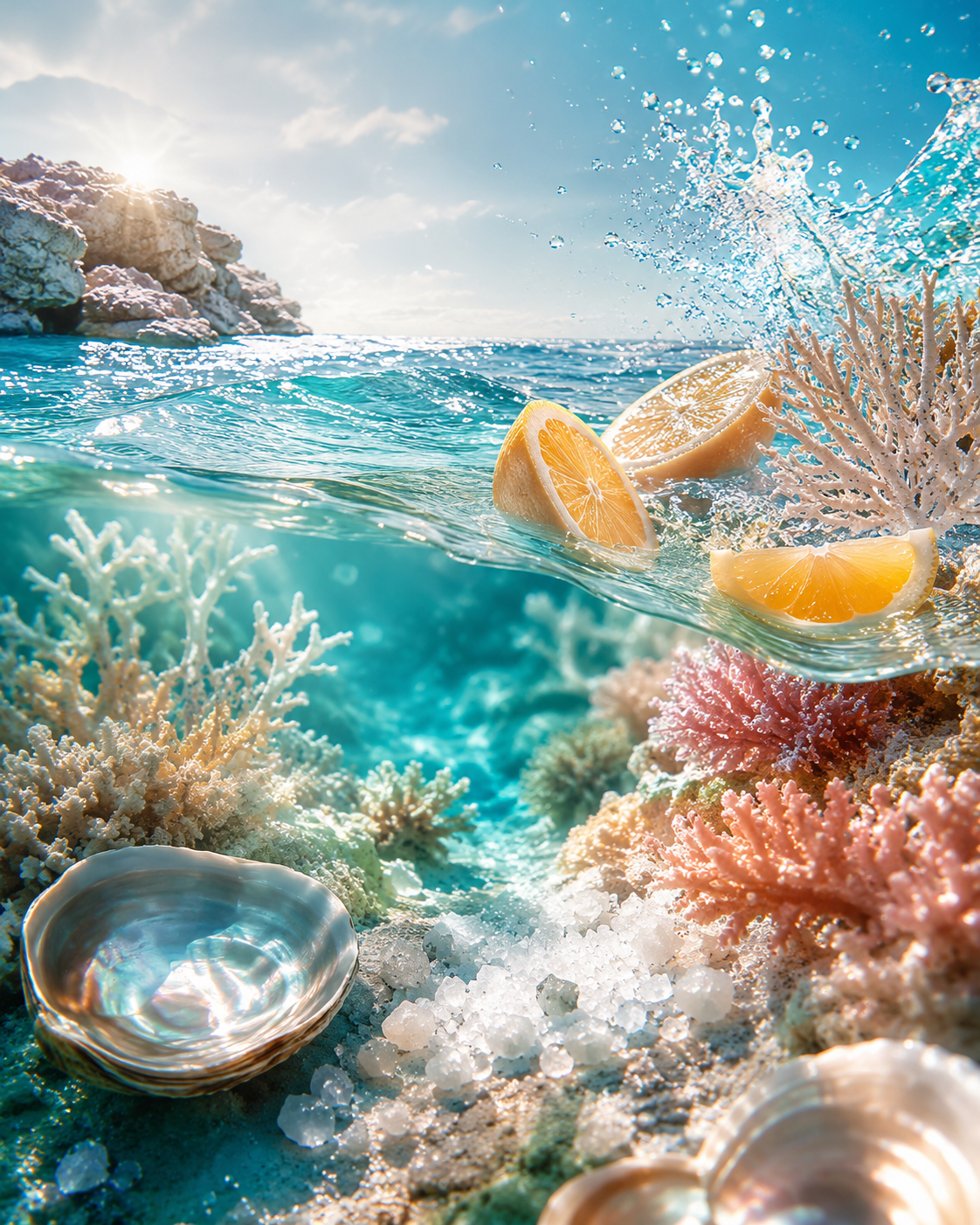 A vibrant underwater ocean scene with turquoise water, coral reefs, seashells, and lemon slices splashing above the surface under a bright sky.