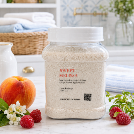A clear plastic jar of Chandle & Savon Sweet Melissé laundry soap filled with light beige powder, set on a marble surface with a peach, white flowers, and raspberries around it. The background shows a softly blurred bathroom setting with towels and a basket.