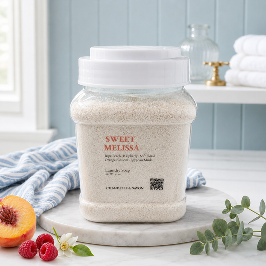 A clear plastic jar of Chandelle & Savon Sweet Melissa Laundry Soap, filled with a light beige powder, set on a marble tray with a blue-striped cloth, raspberries, and an apricot in a bright bathroom setting.