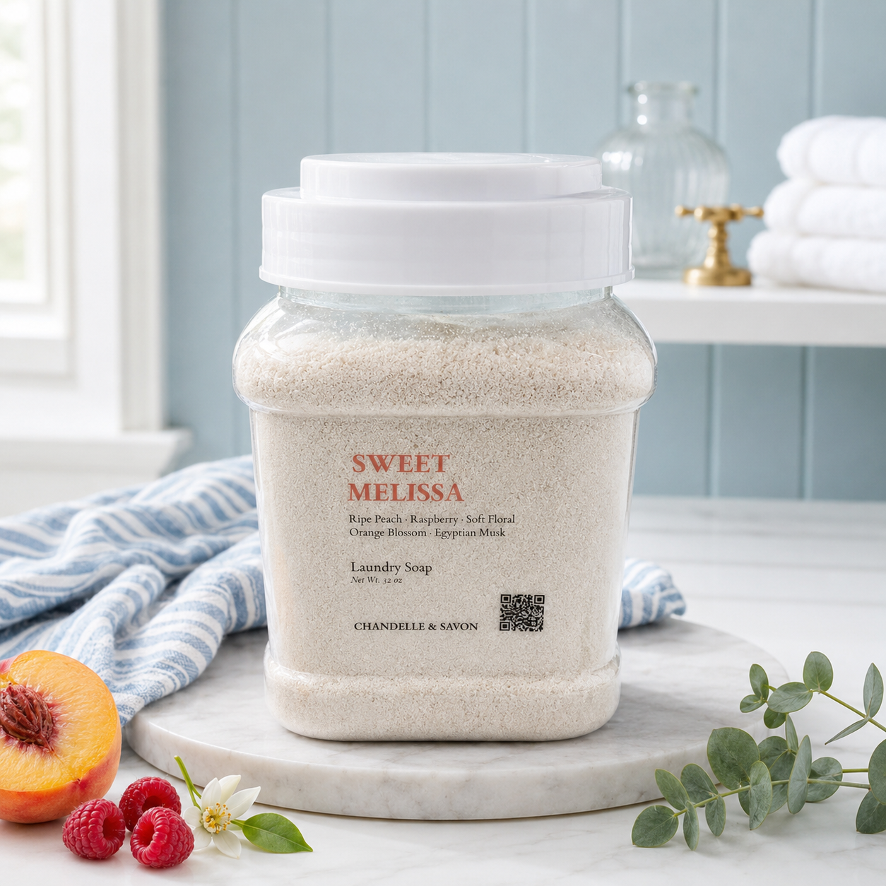 A clear plastic jar of Chandelle & Savon Sweet Melissa Laundry Soap, filled with a light beige powder, set on a marble tray with a blue-striped cloth, raspberries, and an apricot in a bright bathroom setting.