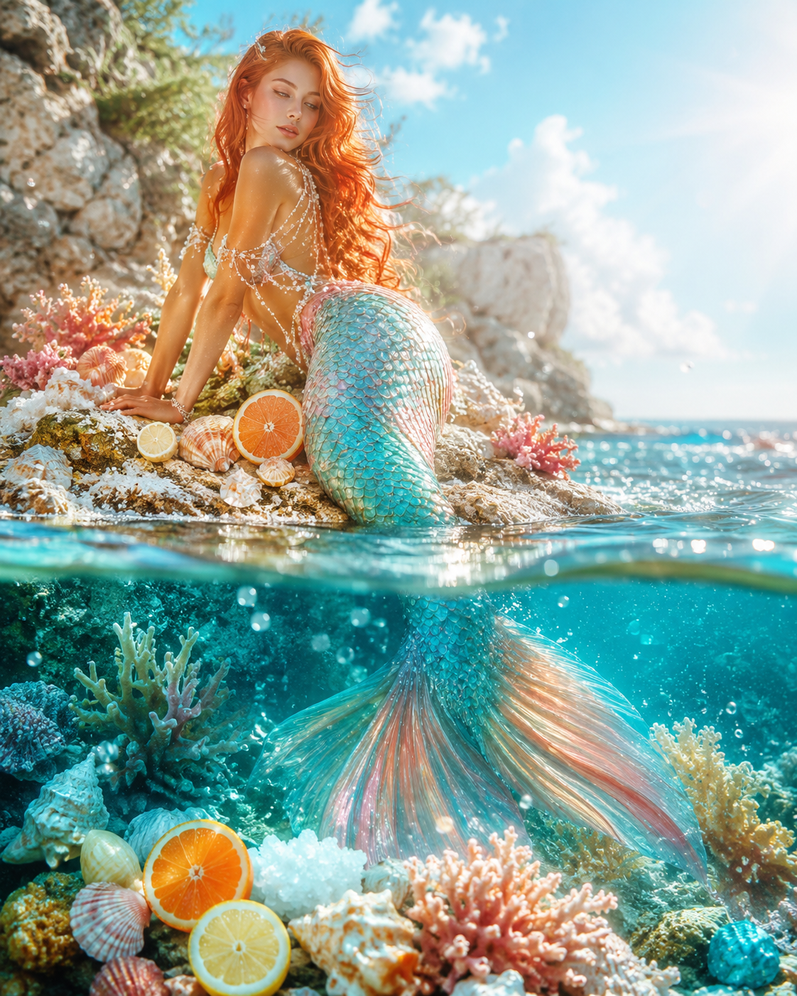 A woman with long red hair sits on a rocky beach beside the ocean, with a split underwater view showing a mermaid tail swimming below among coral and seashells.